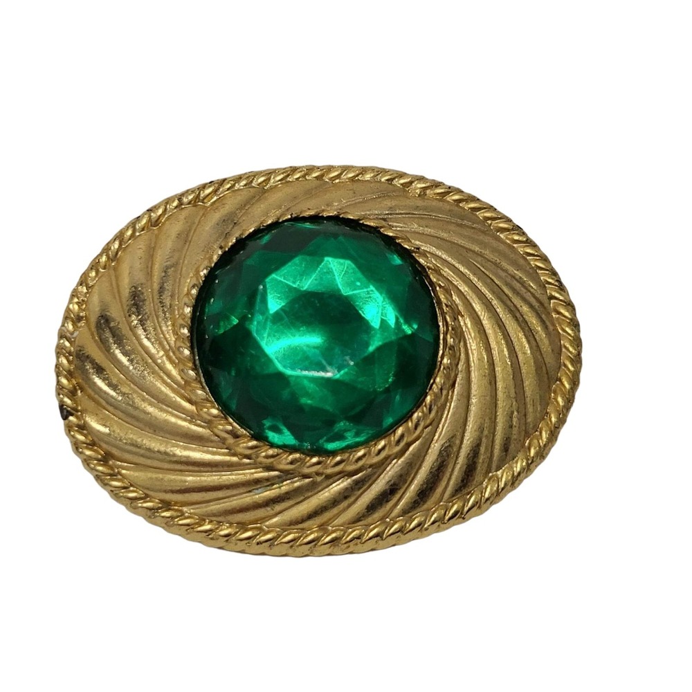 Vintage Mohgul 1980s Ungaro Paris Green‎ Rhinestone Gold Tone French Brooch